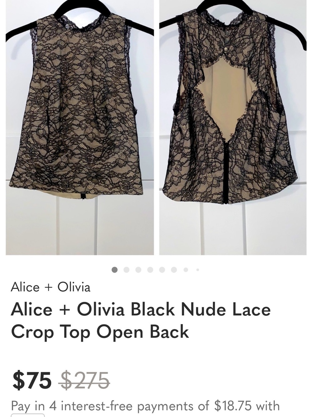 Alice + Olivia Black Lace over Nude Sleeveless Crop Top with Open Back